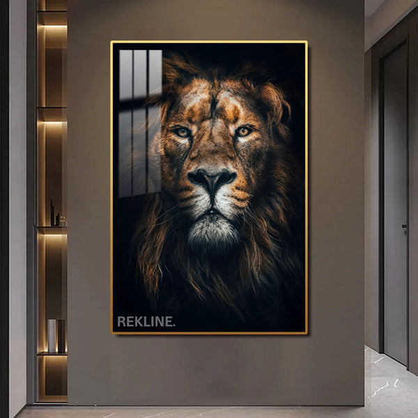 Majestic Lion LED Canvas | Lion Head Portrait | 100×150 cm | LED-Illuminated Crystal-Porcelain Lion Painting, Gold/Black Frame | By REKLINE