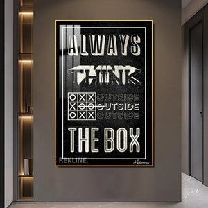 Think Outside The Box Canvas | Motivational Quotes Painting | 100×150 cm LED-Illuminated Crystal-Porcelain, Gold/Black Frame | By REKLINE
