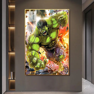 Incredible Hulk LED Canvas | Hulk Painting | 100×150 cm LED-Illuminated Crystal-Porcelain, Gold/Black Frame | Rekline
