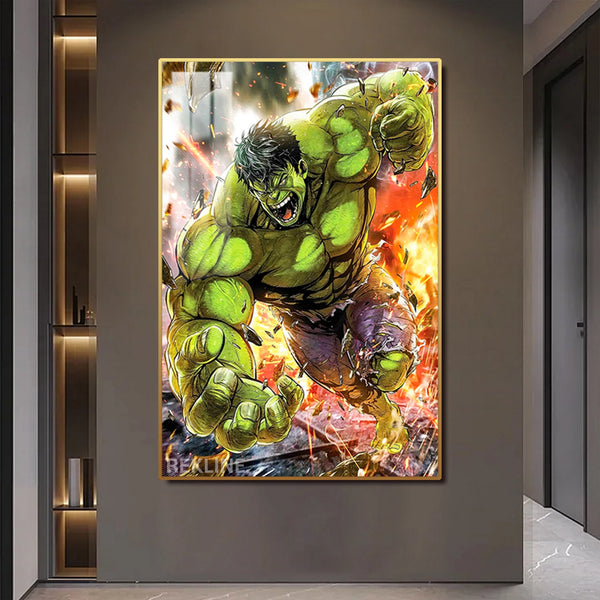 Incredible Hulk LED Canvas | Hulk Painting | 100×150 cm LED-Illuminated Crystal-Porcelain, Gold/Black Frame | Rekline