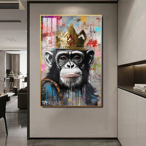 Royal Chimpanzee LED Canvas | Vertical Framed Monkey Pictures 100×150 cm | LED-Illuminated Crystal-Porcelain Chimpanzee Painting, Gold/Black Frame | By REKLINE