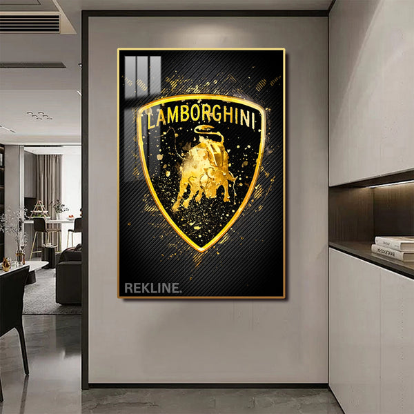 Lamborghini Logo LED Canvas | Lamborghini Painting | 100×150 cm LED-Illuminated Crystal-Porcelain, Gold/Black Frame | Rekline