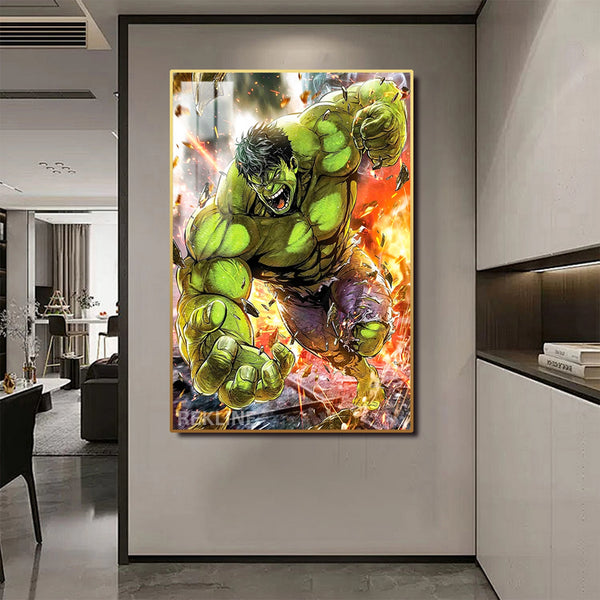 Incredible Hulk LED Canvas | Hulk Painting | 100×150 cm LED-Illuminated Crystal-Porcelain, Gold/Black Frame | Rekline
