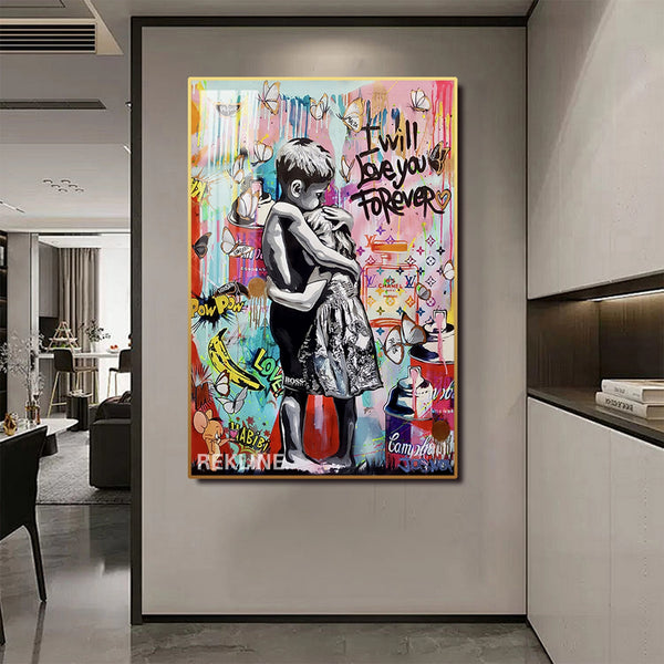 I Will Love You Forever LED Canvas | 100×150 cm LED-Illuminated Crystal-Porcelain Banksy Romantic Street Art Painting, Gold/Black Frame | Rekline