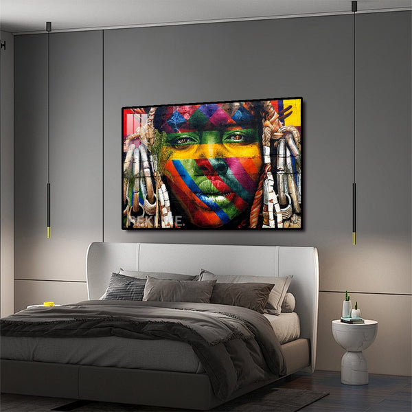 LED-Enhanced African Woman Portrait Canvas | Horizontal LED Canvas 150×100 cm | Crystal-Porcelain Horizontal Painting, Gold / Black Frame | By REKLINE