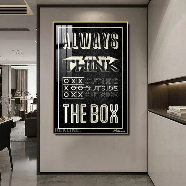 Think Outside The Box Canvas | Motivational Quotes Painting | 100×150 cm LED-Illuminated Crystal-Porcelain, Gold/Black Frame | By REKLINE