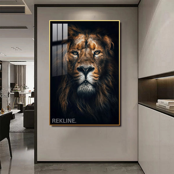 Majestic Lion LED Canvas | Lion Head Portrait | 100×150 cm | LED-Illuminated Crystal-Porcelain Lion Painting, Gold/Black Frame | By REKLINE