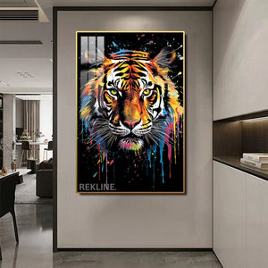 Vibrant Tiger LED Canvas | Tiger Face Painting | 100×150 cm LED-Illuminated Crystal-Porcelain, Gold/Black Frame | By REKLINE