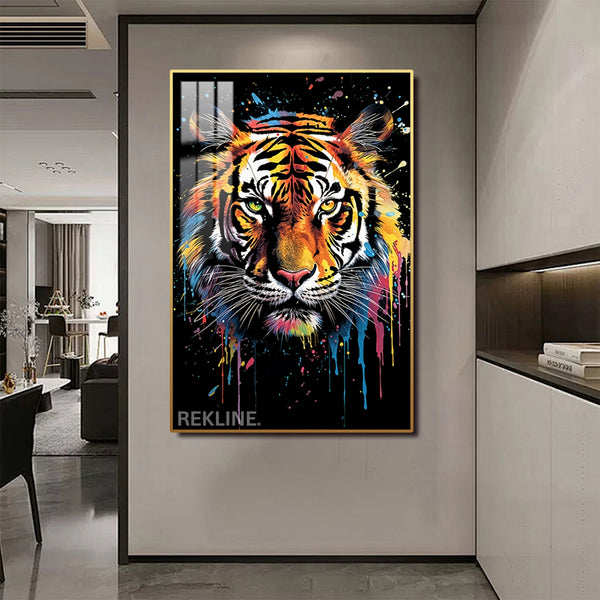 Vibrant Tiger LED Canvas | Tiger Face Painting | 100×150 cm LED-Illuminated Crystal-Porcelain, Gold/Black Frame | By REKLINE