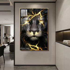 LED-Enhanced Colorful Lion Canvas | Thunder Black Lion Abstract Painting | Vertical LED Canvas 100×150 cm | Crystal-Porcelain, Gold / Black Frame | By REKLINE