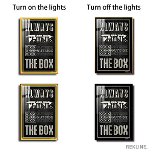 Think Outside The Box Canvas | Motivational Quotes Painting | 100×150 cm LED-Illuminated Crystal-Porcelain, Gold/Black Frame | By REKLINE