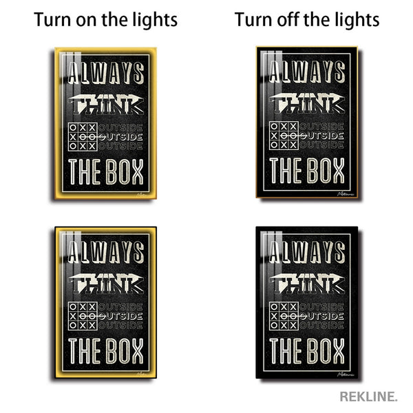 Think Outside The Box Canvas | Motivational Quotes Painting | 100×150 cm LED-Illuminated Crystal-Porcelain, Gold/Black Frame | By REKLINE