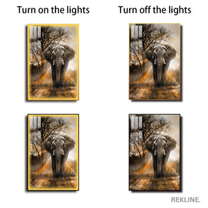 Elephant Canvas | 100×150 cm LED Wildlife Wall Art in Gold Frame | Bold Safari Statement for Modern Homes | By REKLINE