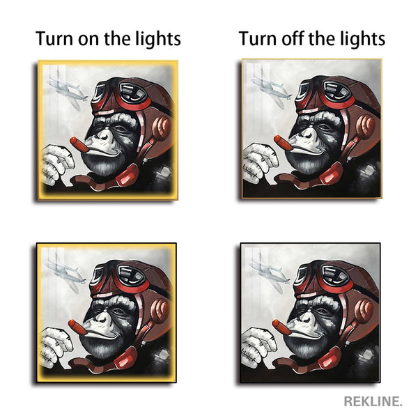 LED Glow Monkey Canvas Painting | Large Wall Art with Frame in Black Or Gold | Rekline