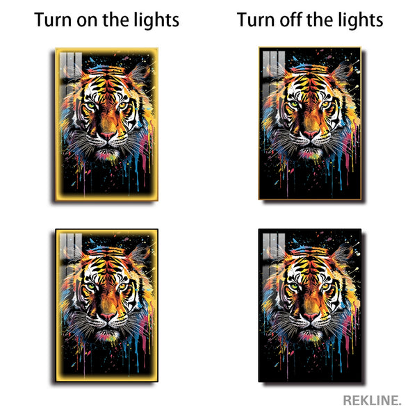 Vibrant Tiger LED Canvas | Tiger Face Painting | 100×150 cm LED-Illuminated Crystal-Porcelain, Gold/Black Frame | By REKLINE