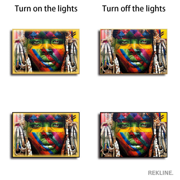 LED-Enhanced African Woman Portrait Canvas | Horizontal LED Canvas 150×100 cm | Crystal-Porcelain Horizontal Painting, Gold / Black Frame | By REKLINE
