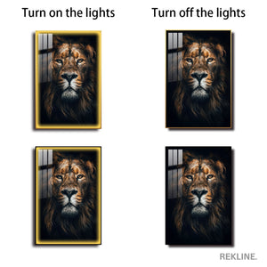 Majestic Lion LED Canvas | Lion Head Portrait | 100×150 cm | LED-Illuminated Crystal-Porcelain Lion Painting, Gold/Black Frame | By REKLINE