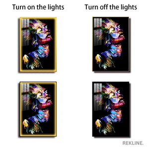 LED-Enhanced Abstract Colorful Woman’s Portrait Canvas | Vertical LED Canvas 100×150 cm | Crystal-Porcelain Painting, Gold / Black Frame | By REKLINE