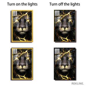 LED-Enhanced Colorful Lion Canvas | Thunder Black Lion Abstract Painting | Vertical LED Canvas 100×150 cm | Crystal-Porcelain, Gold / Black Frame | By REKLINE