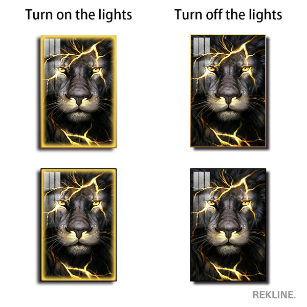 LED-Enhanced Colorful Lion Canvas | Thunder Black Lion Abstract Painting | Vertical LED Canvas 100×150 cm | Crystal-Porcelain, Gold / Black Frame | By REKLINE