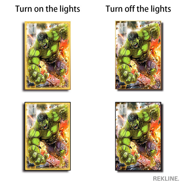 Incredible Hulk LED Canvas | Hulk Painting | 100×150 cm LED-Illuminated Crystal-Porcelain, Gold/Black Frame | Rekline