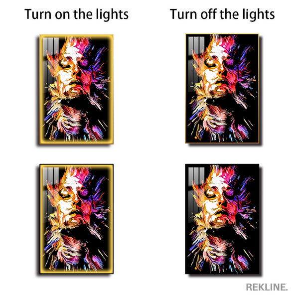 LED-Enhanced Abstract Woman’s Portrait Canvas | 100×150 cm Crystal-Porcelain Painting, Gold / Black Frame | Rekline