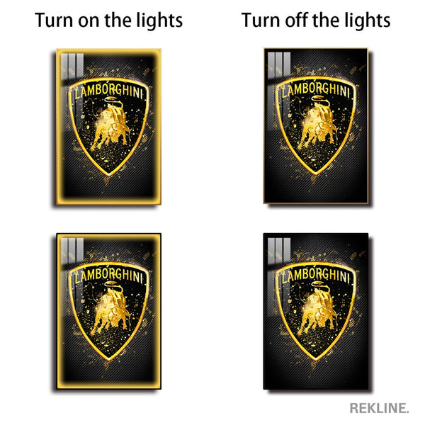 Lamborghini Logo LED Canvas | Lamborghini Painting | 100×150 cm LED-Illuminated Crystal-Porcelain, Gold/Black Frame | Rekline