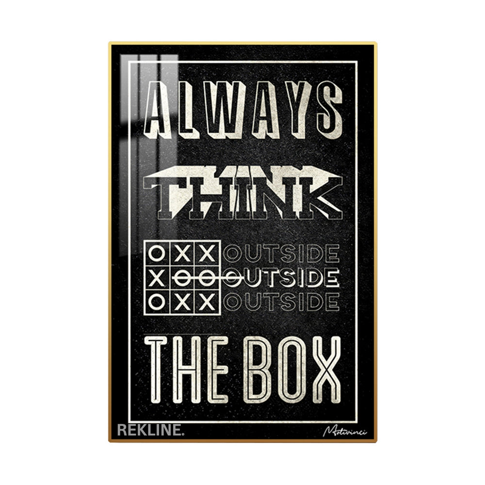 Think Outside The Box Canvas | Motivational Quotes Painting | 100×150 cm LED-Illuminated Crystal-Porcelain, Gold/Black Frame | Rekline