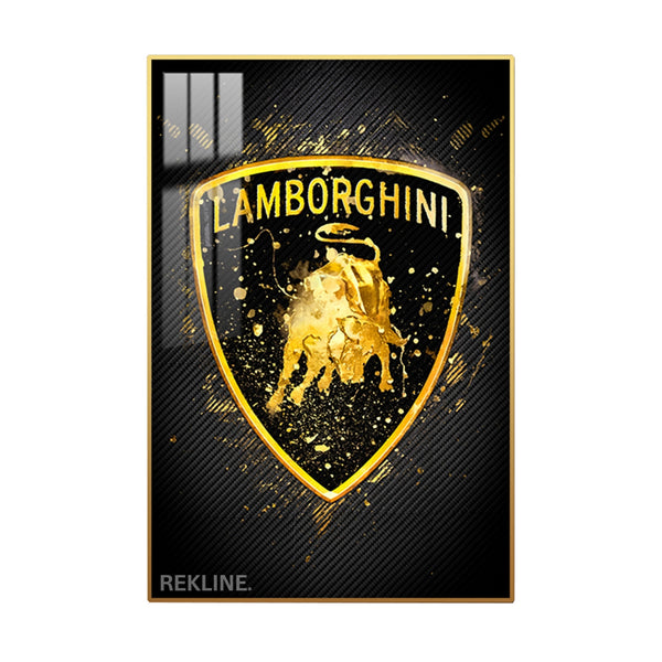 Lamborghini Logo LED Canvas | Lamborghini Painting | 100×150 cm LED-Illuminated Crystal-Porcelain, Gold/Black Frame | Rekline