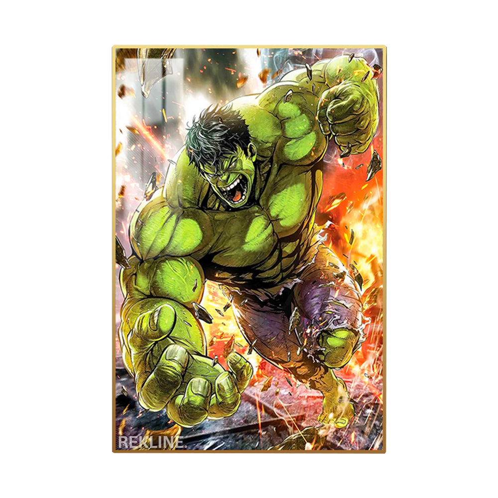 Incredible Hulk LED Canvas | Hulk Painting | 100×150 cm LED-Illuminated Crystal-Porcelain, Gold/Black Frame | Rekline