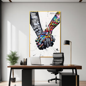 Holding Hands Painting Wall Art | Colourful Art Print With Gold/Black Alloy Frame, Remote & Plug | 100 × 150 cm | By REKLINE