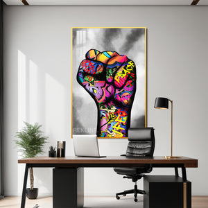 Raised Fist LED Graffiti Art Canvas Wall Decor | Remote Control & Wired Plug | Gold or Black Aluminium Frame | Large 100 × 150 cm Street-Art Print | Rekline