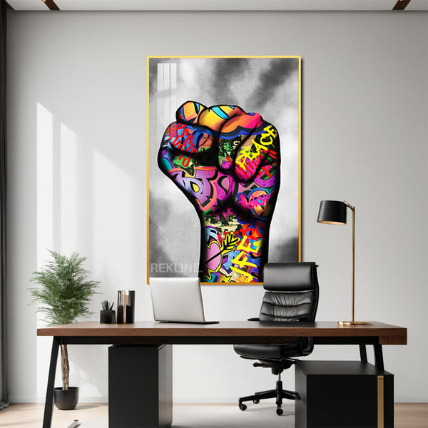 Raised Fist LED Graffiti Art Canvas Wall Decor | Remote Control & Wired Plug | Gold or Black Aluminium Frame | Large 100 × 150 cm Street-Art Print | Rekline