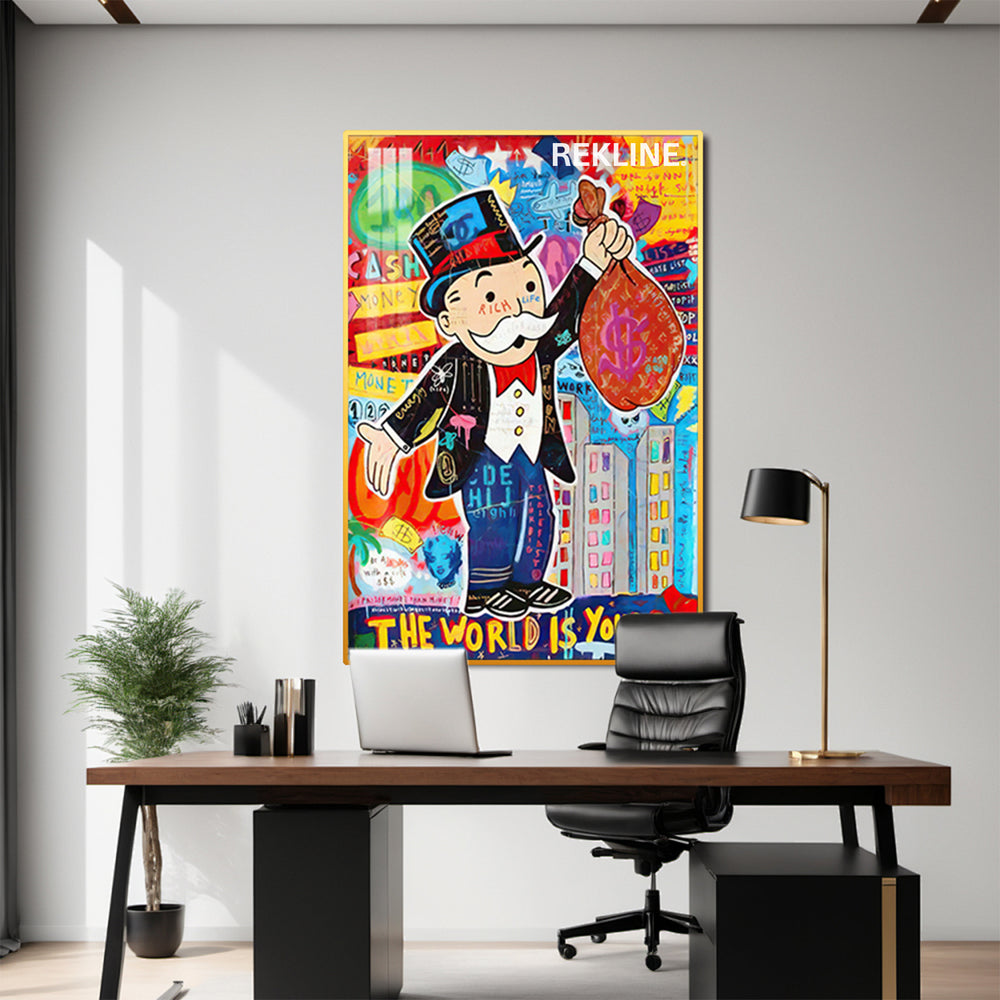 Monopoly Man holding a colorful dollar bag against graffiti backdrop