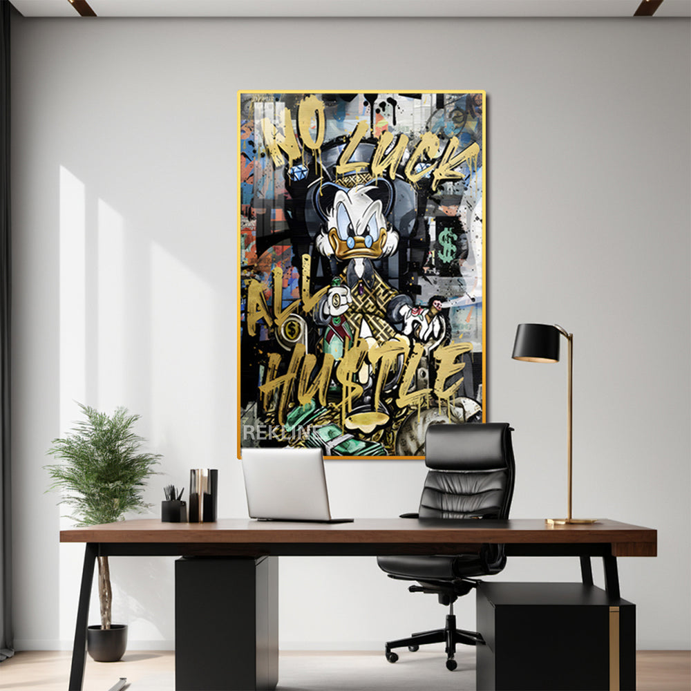 Scrooge McDuck street art painting in graffiti style with “No Luck All Hustle” text, LED-lit.