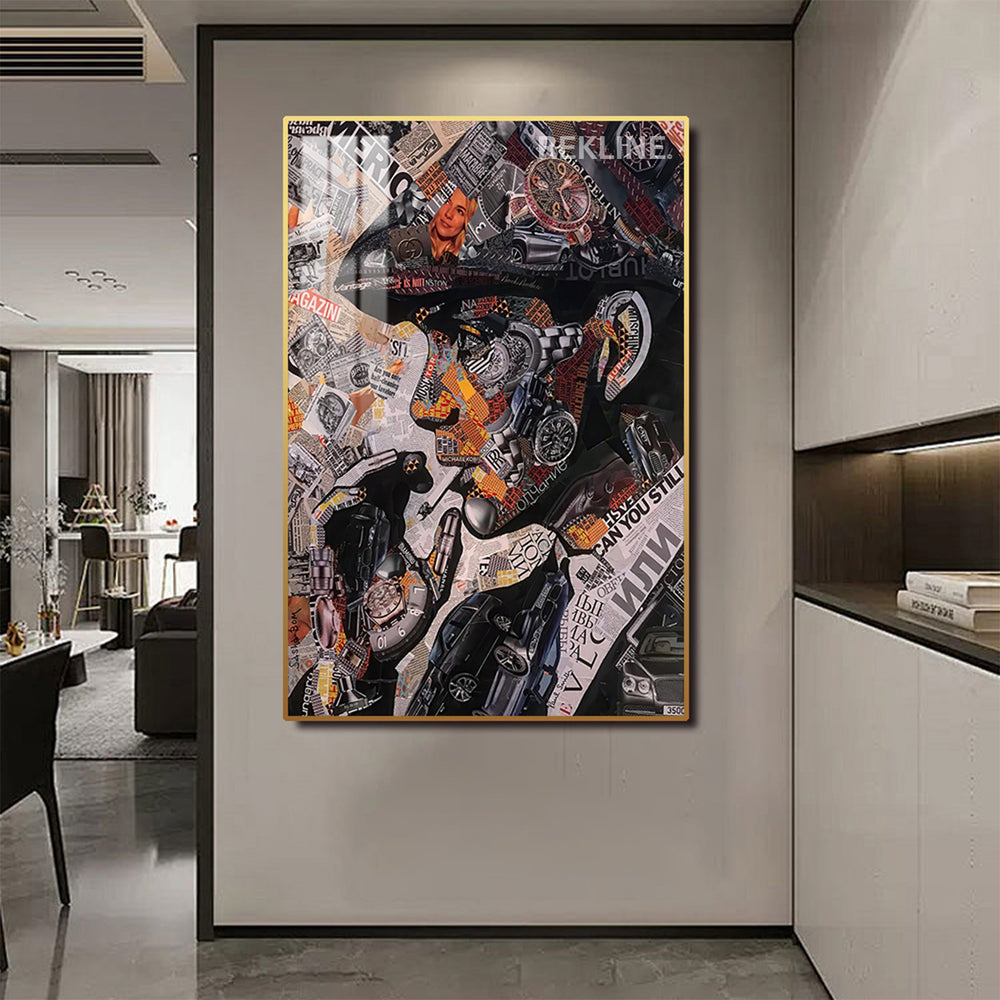 Thomas Shelby collage composed of vintage clippings and watch parts on illuminated canvas