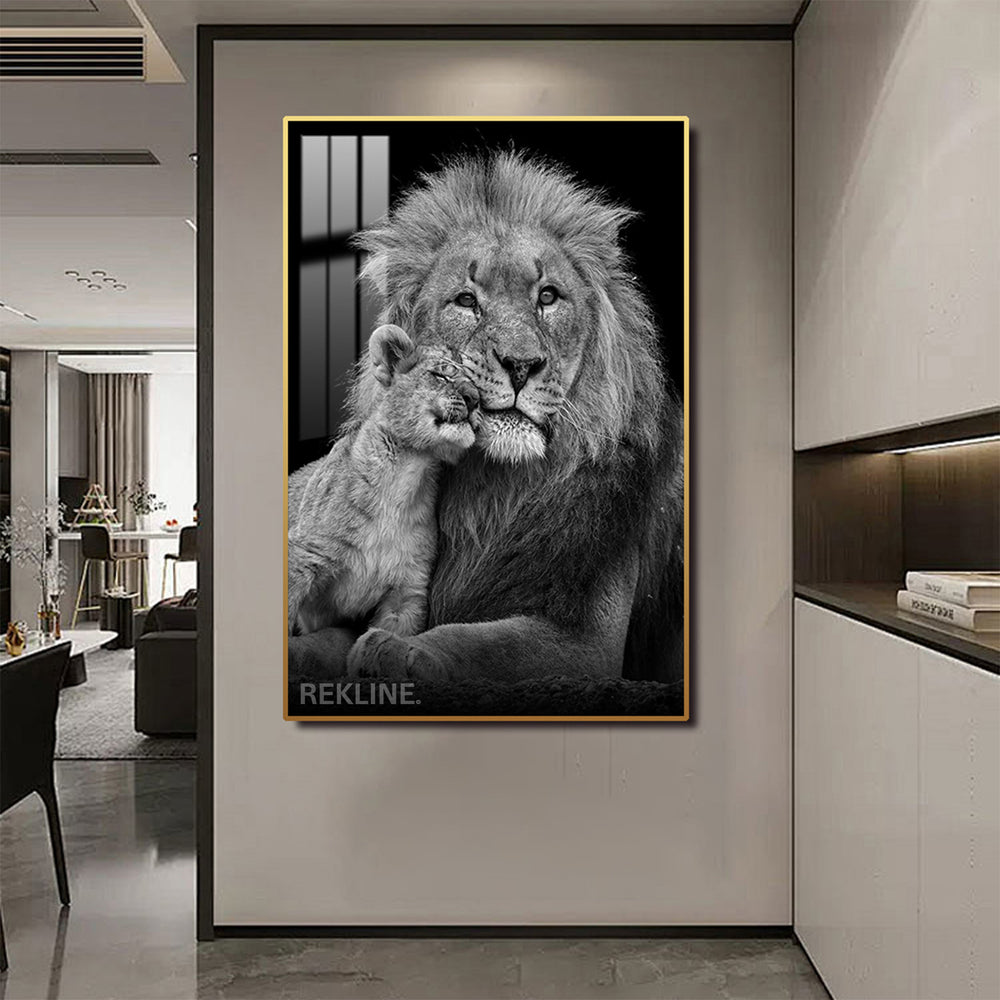 Black-and-white lion and cub canvas wall art with soft LED halo, crystal-porcelain gloss and gold or black alloy frame, 100 × 150 cm.