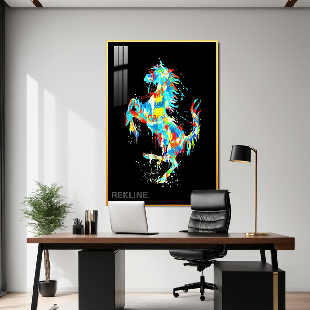 Colourful rearing horse LED canvas 100 × 150 cm in gold or black aluminium frame