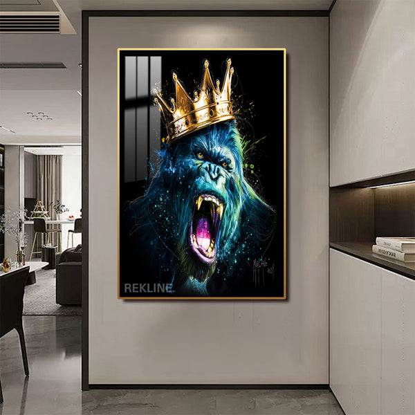 Gorilla Pqinting Wall Art | LED Canvas in Gold / Black Alloy Frame with Remote & Plug | 100 × 150 cm Large Canvas | By REKLINE