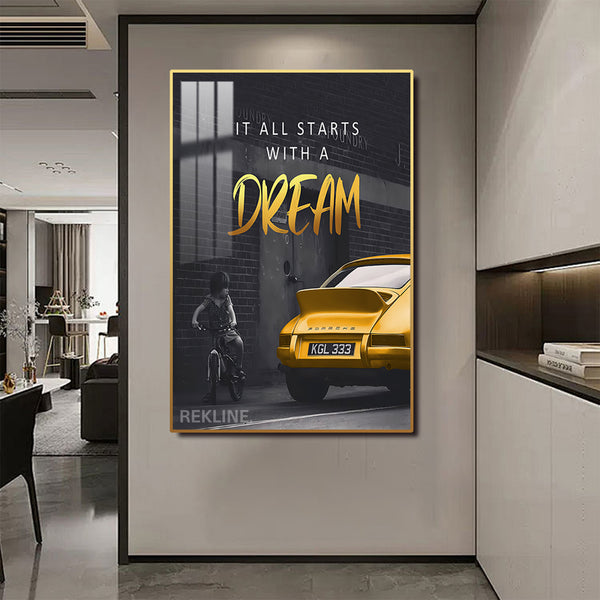 Inspirational Quotes Wall Art | LED-Backlit “It All Starts with a Dream” Wall Art Canvas | 100 × 150 cm XL Canvas in Gold/Black Alloy Frame | By REKLINE