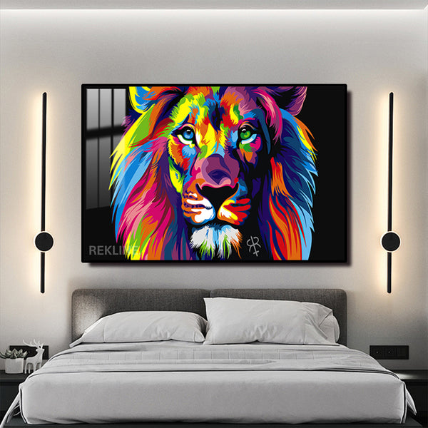 Colorful Lion Painting | Horizontal 150×100 cm LED Canvas, LED-Lit Crystal-Porcelain Art, in Gold/Black Frame | By REKLINE
