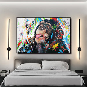 Colorful Chimp LED Canvas | Horizontal Monkey Canvas 150×100 cm | LED-Illuminated Crystal-Porcelain Painting, Gold/Black Frame | By REKLINE
