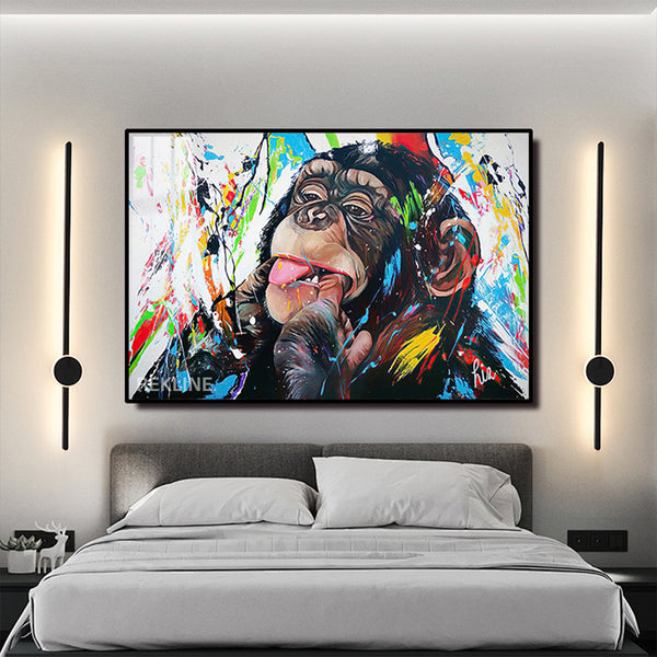 Colorful Chimp LED Canvas | Horizontal Monkey Canvas 150×100 cm | LED-Illuminated Crystal-Porcelain Painting, Gold/Black Frame | By REKLINE
