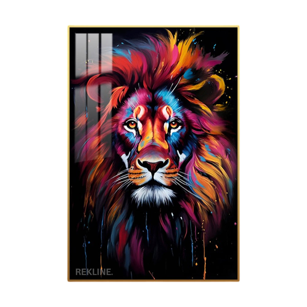 Colourful Lion LED Canvas Painting | Illuminated Crystal Porcelain Wall Art with Gold Or Black Frame | Rekline