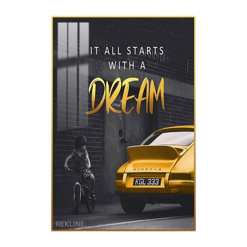 LED canvas of boy on bike gazing at yellow Porsche with quote “It all starts with a dream”, gold or black alloy frame.


