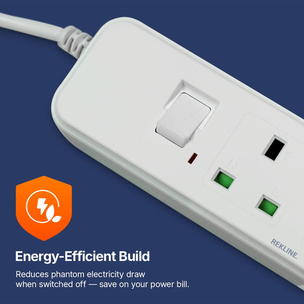 6 Socket Extension Lead With Safety Switch & Indicator Light | 13 Amp | 2m Cable Length | Wall Mount Design | by REKLINE