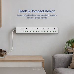 6 Socket Extension Lead With Safety Switch & Indicator Light | 13 Amp | 2m Cable Length | Wall Mount Design | by REKLINE