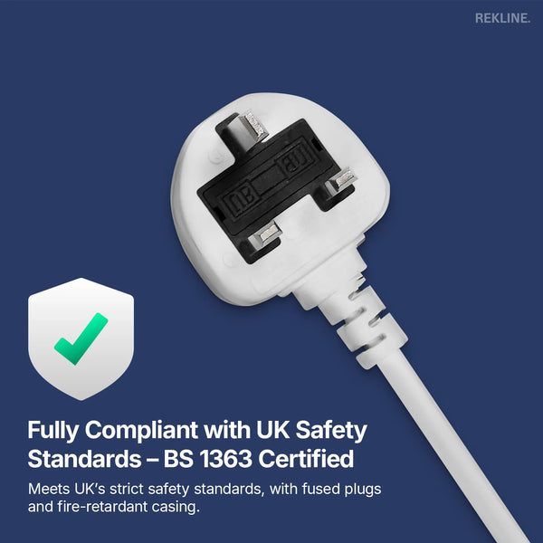 6 Socket Extension Lead With Safety Switch & Indicator Light | 13 Amp | 2m Cable Length | Wall Mount Design | by REKLINE
