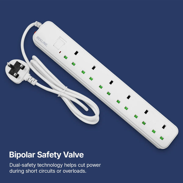6 Socket Extension Lead With Safety Switch & Indicator Light | 13 Amp | 2m Cable Length | Wall Mount Design | by REKLINE