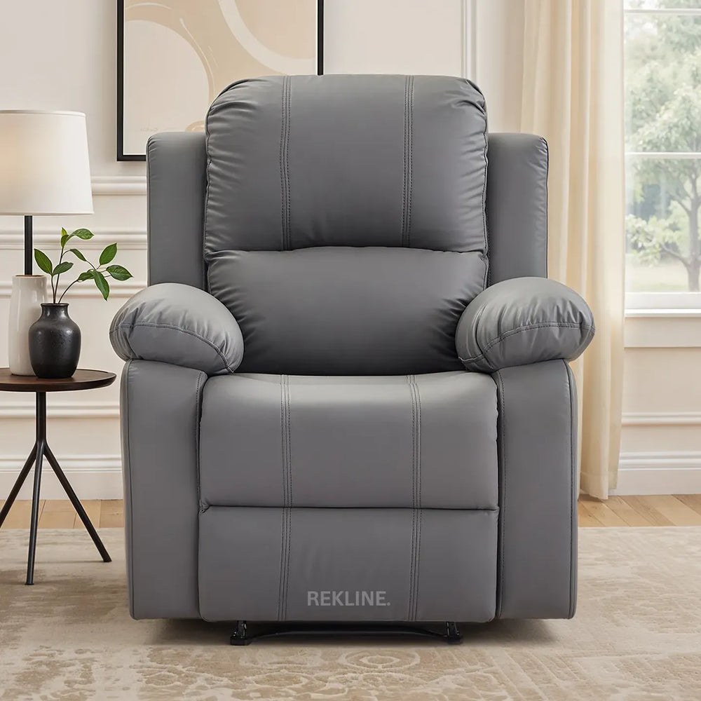 Grey Leather Recliner Chair | Manual Reclining Armchair | Space-Saving Wall Hugger | Trento 1 Seater Sofa by REKLINE
